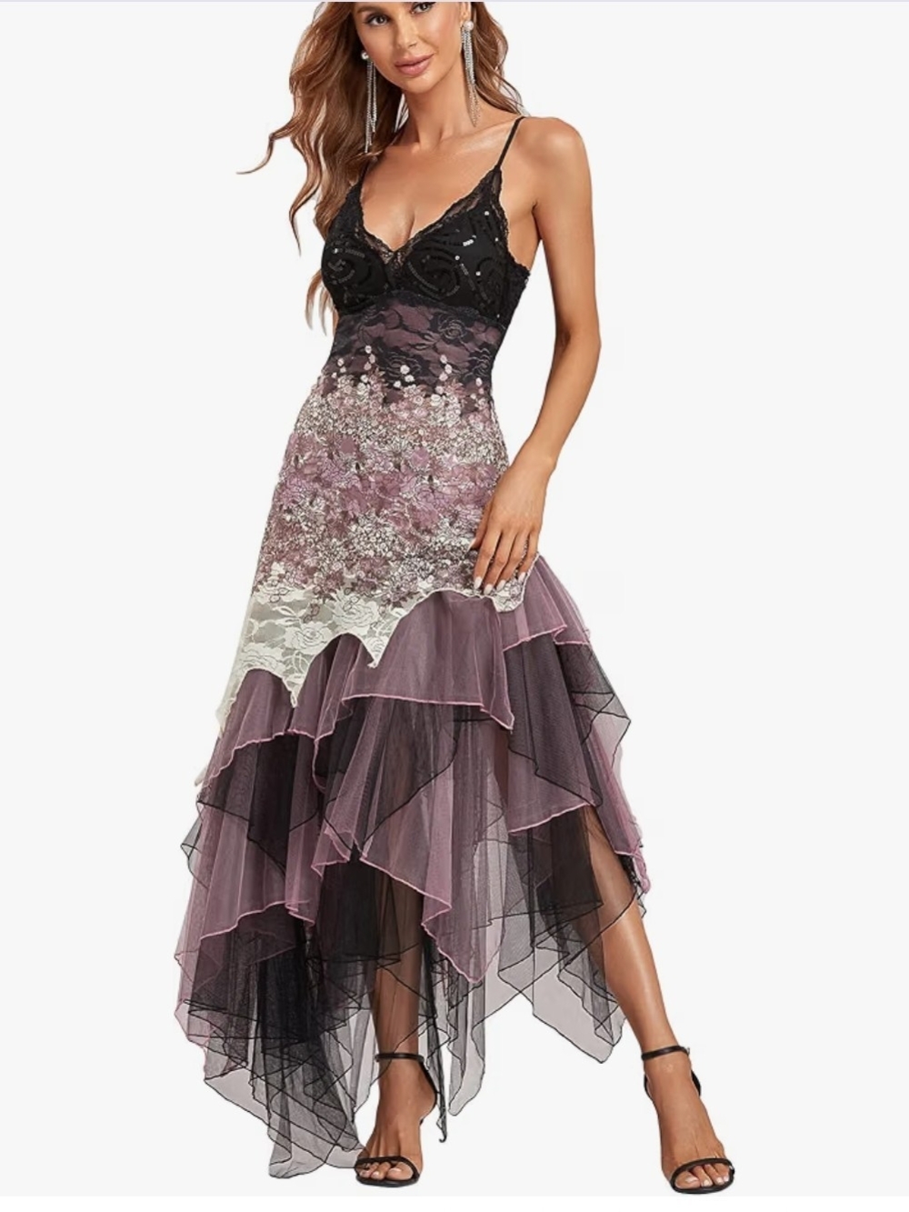 Ever-Pretty Black and Mauve Lace High-Low Tulle Dress